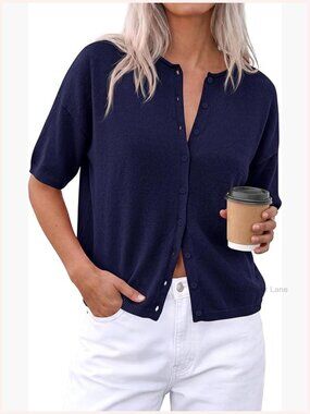 Short Sleeve Button Down Cardigan Sweater Knit Blouse Dressy Casual Tops